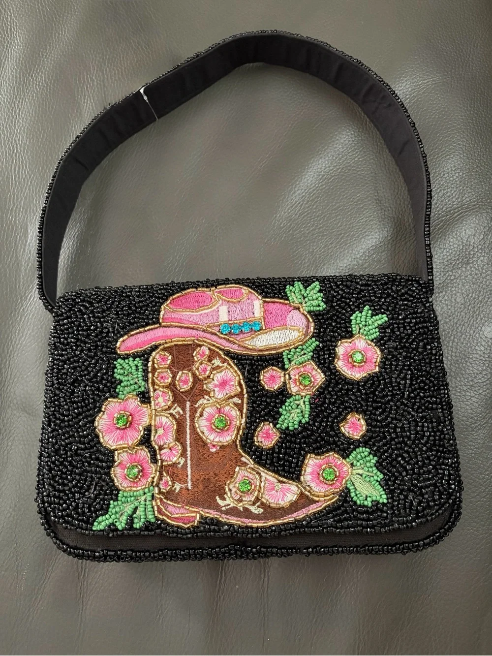 Western Beaded Black Shoulder Bag with Pink Floral Cowboy Boot Motif